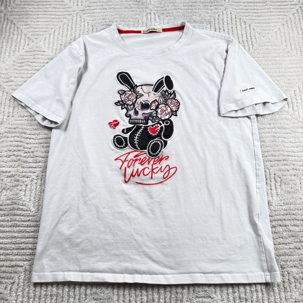 Lucky Charm T Shirt Men L White Skull Bunny Punk Goth Edgy Emo Street BKYS Y2K - Picture 2 of 15